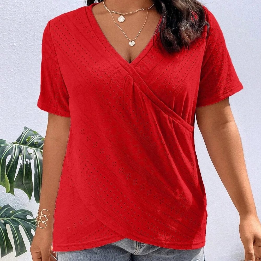 Shein Plus Eyelet Wrap Cross V-Neck Tee Red